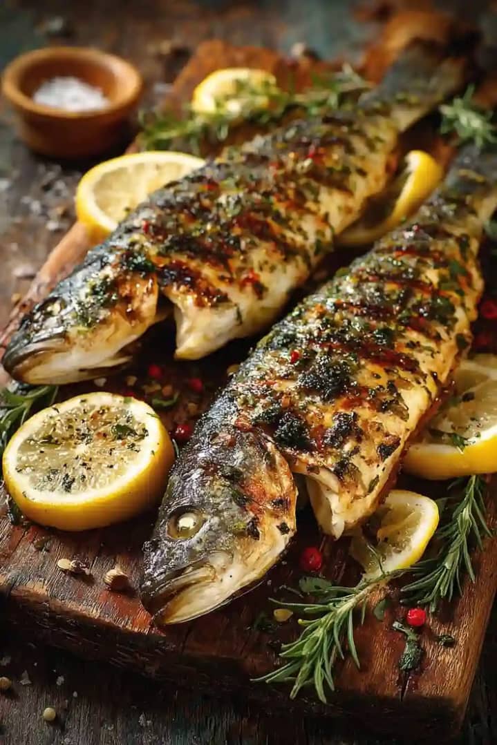 Loup de mer entier grillé, citron et romarin
