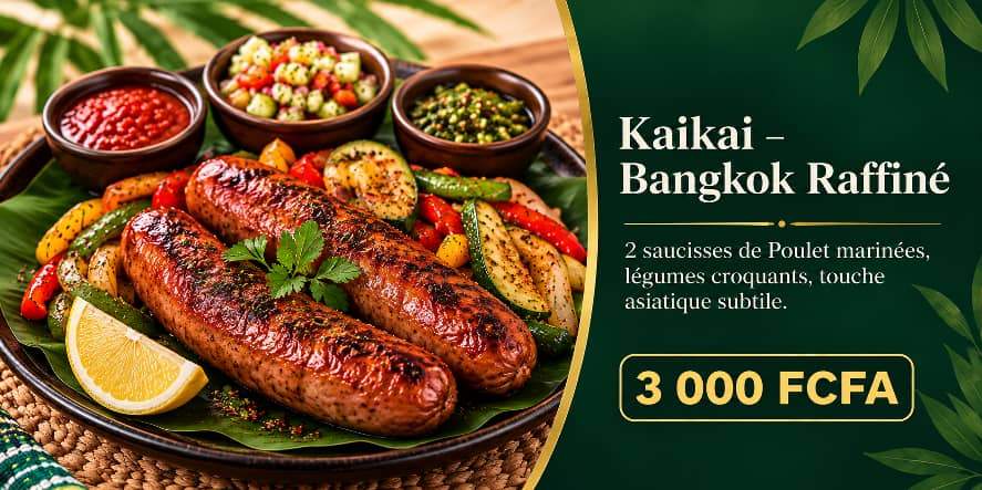 Kaikai — Bangkok Raffiné, 2 saucisses de poulet marinées, légumes croquants, touche asiatique subtile, 3 000 FCFA