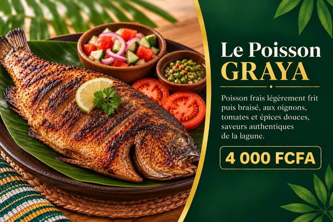 Le Poisson Graya — poisson frais légèrement frit puis braisé, aux oignons, tomates et épices douces, saveurs authentiques de la lagune, 4 000 FCFA