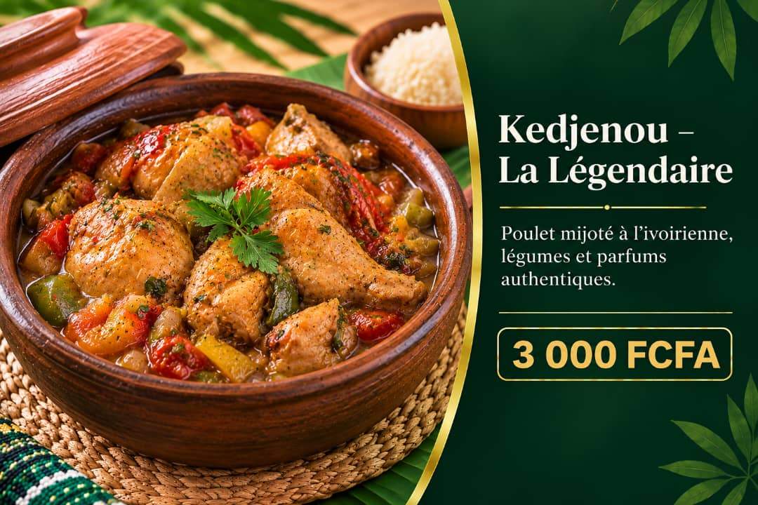 Kedjenou — La Légendaire, poulet mijoté à l'ivoirienne, légumes et parfums authentiques, 3 000 FCFA